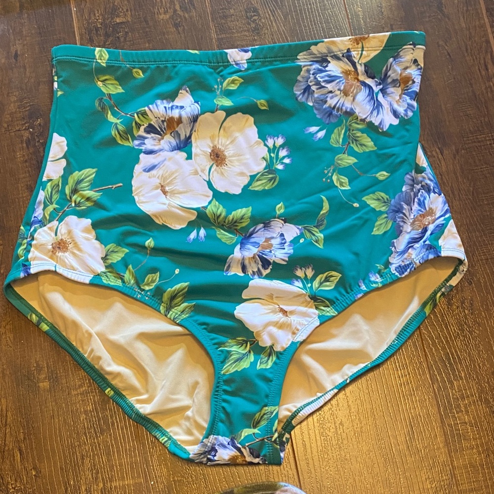Lands' End Floral High-Waisted Bikini Bottom - Teal and White